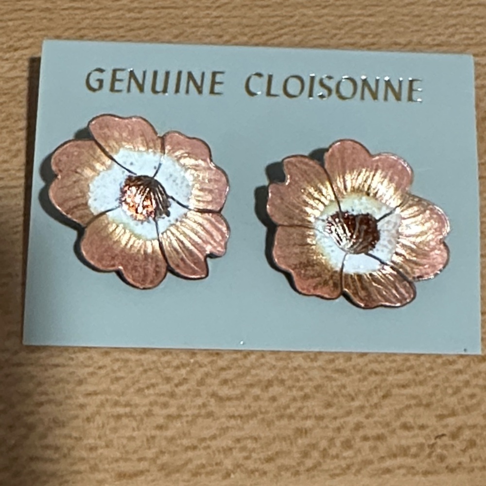 Copper and White Cloisonné Flower Earrings